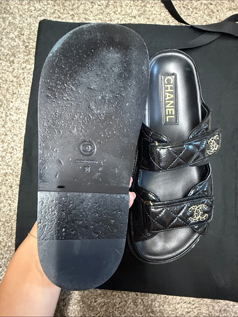 CHANEL Black Quilted Double-Strap Logo Slides with Gold Hardware
